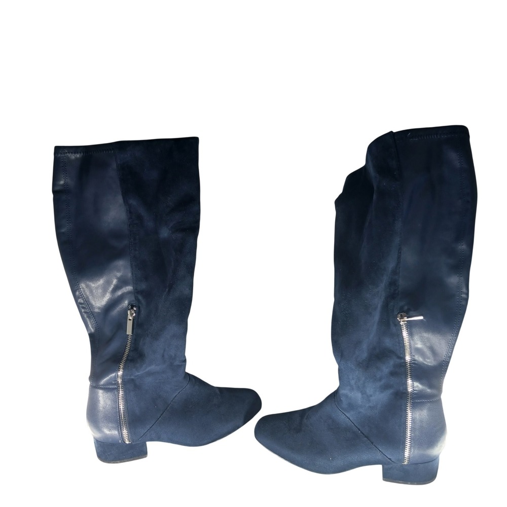Comfortview Ivana Tall Boots 7W Navy Blue Mixed Media Faux Suede Low Block Heel
